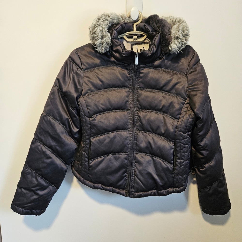 Y2K L.E.I. Puffer Jacket XL Faux Fur Hood Down Fill Cropped Short Quilted Winter